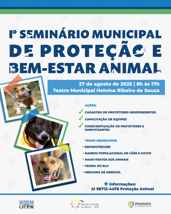 Prefeitura de Piraquara realizará 1º Seminário Municipal de Proteção e Bem-Estar Animal